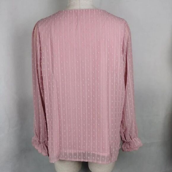V Neck Puff Sleeve Swiss Dot Blouse Long Sleeve Pink - Picture 6 of 7